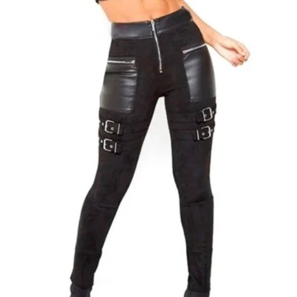 Maniere De Voir Cyberpunk Faux Suede Buckle Straps Leggings Pants UK 6 US 2 - Picture 4 of 16
